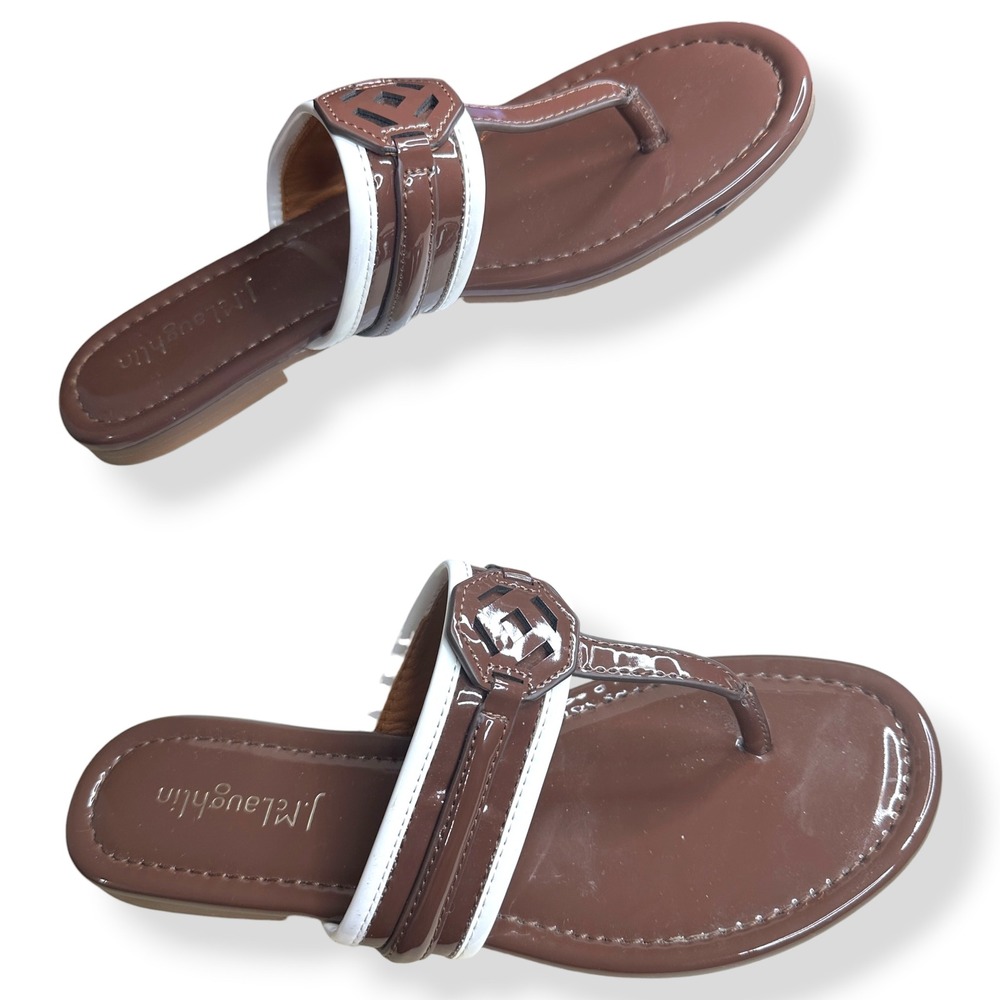 J.McLaughlin Leslie Thong Sandals Patent Leather Brown White Preppy Women 7M - Picture 2 of 6